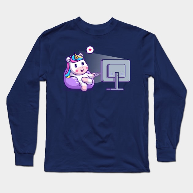 Cute unicorn watching cartoon on tv Long Sleeve T-Shirt by Thumthumlam